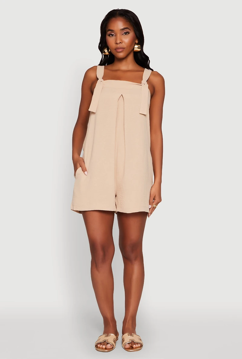 Womens Chic Tie Sleeves Pleated Crepe Knit Romper, Beige, Size XL