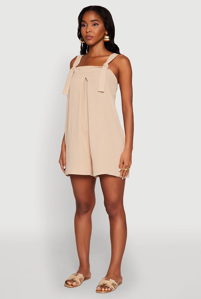 Womens Chic Tie Sleeves Pleated Crepe Knit Romper, Beige,