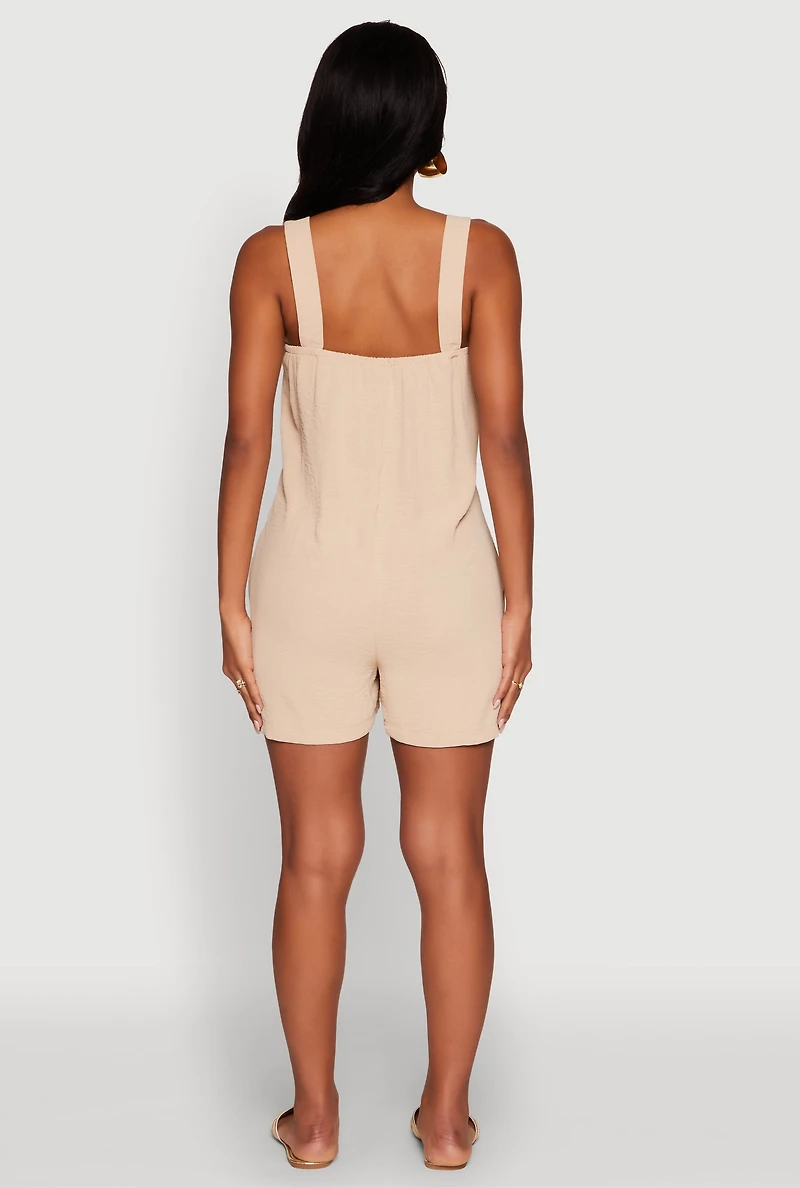 Womens Chic Tie Sleeves Pleated Crepe Knit Romper, Beige,