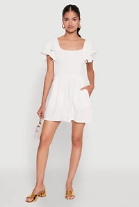 Womens Chic Tiered Ruffle Sleeve Smocked Crepe Knit Romper, White, Size XL
