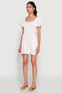 Womens Chic Tiered Ruffle Sleeve Smocked Crepe Knit Romper, White, Size XL