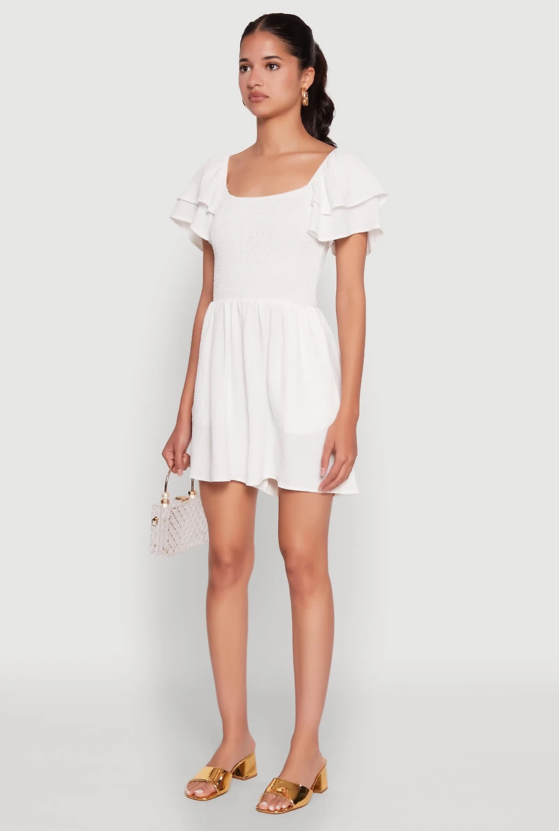 Womens Chic Tiered Ruffle Sleeve Smocked Crepe Knit Romper, White, Size M
