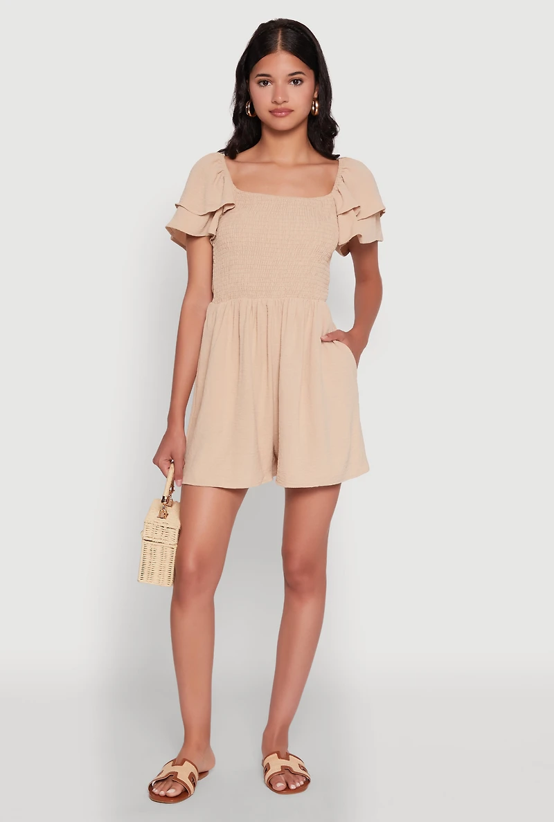 Womens Chic Tiered Ruffle Sleeve Smocked Crepe Knit Romper, Beige, Size L