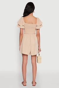 Womens Chic Tiered Ruffle Sleeve Smocked Crepe Knit Romper, Beige,