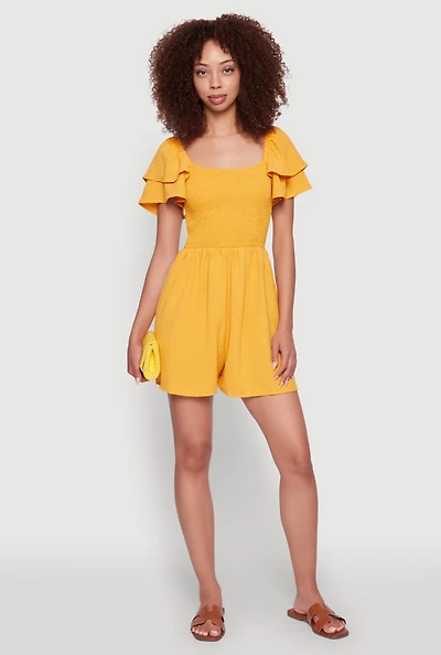 Womens Chic Tiered Ruffle Sleeve Smocked Crepe Knit Romper, Yellow, Size M