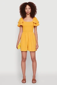 Womens Chic Tiered Ruffle Sleeve Smocked Crepe Knit Romper, Yellow, Size M