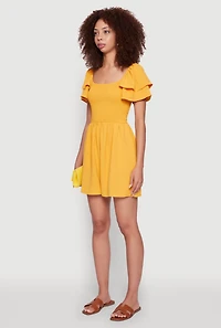 Womens Chic Tiered Ruffle Sleeve Smocked Crepe Knit Romper, Yellow, Size M