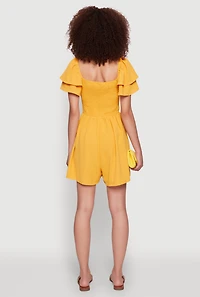 Womens Chic Tiered Ruffle Sleeve Smocked Crepe Knit Romper, Yellow, Size M