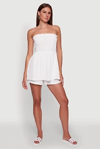 Womens Airy Smocked Peplum Tube Romper, White, Size L