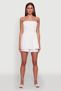 Womens Airy Smocked Peplum Tube Romper, White, Size L