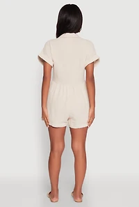 Womens Chic Gauze Knit Button Front Romper with Cap Sleeves, Beige, Size L