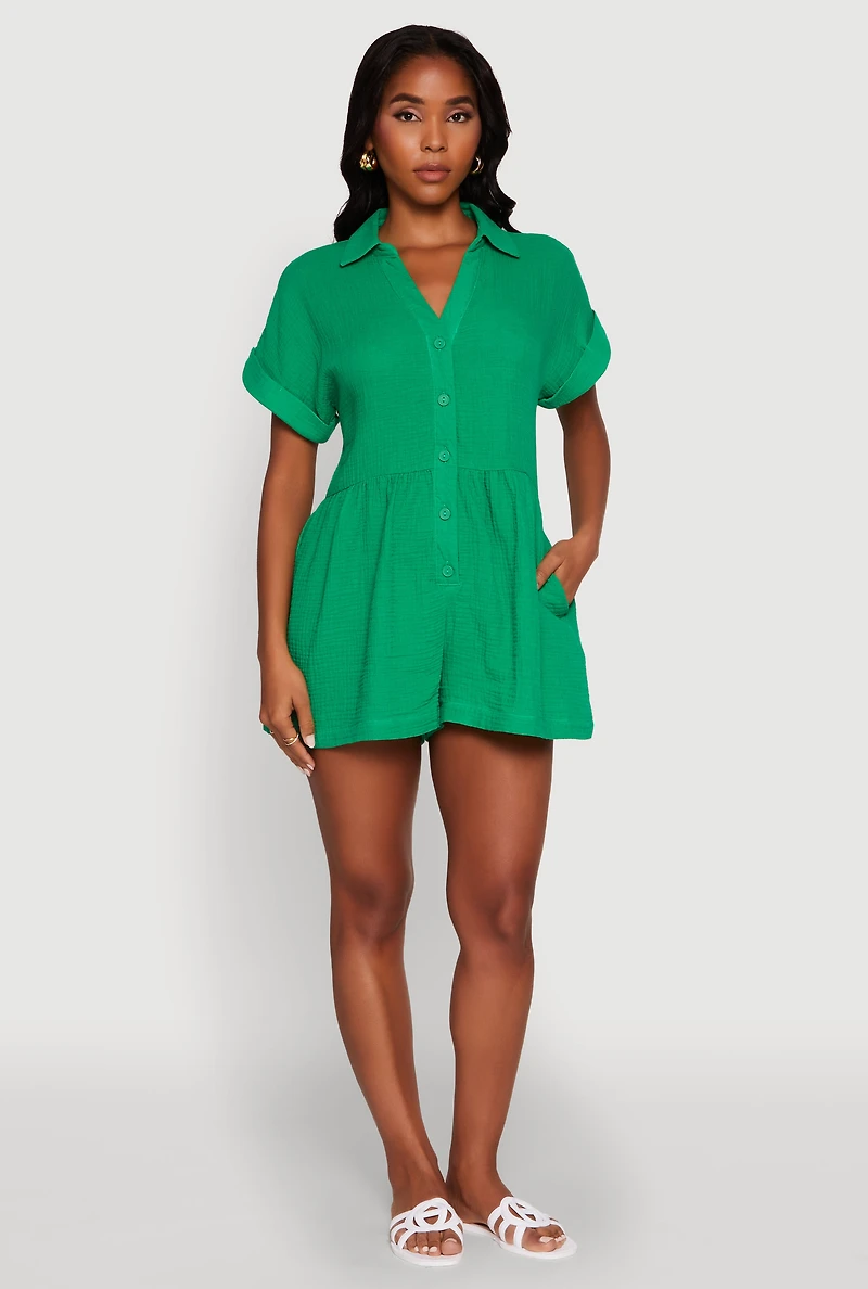 Chic Gauze Knit Button Front Romper with Cap Sleeves