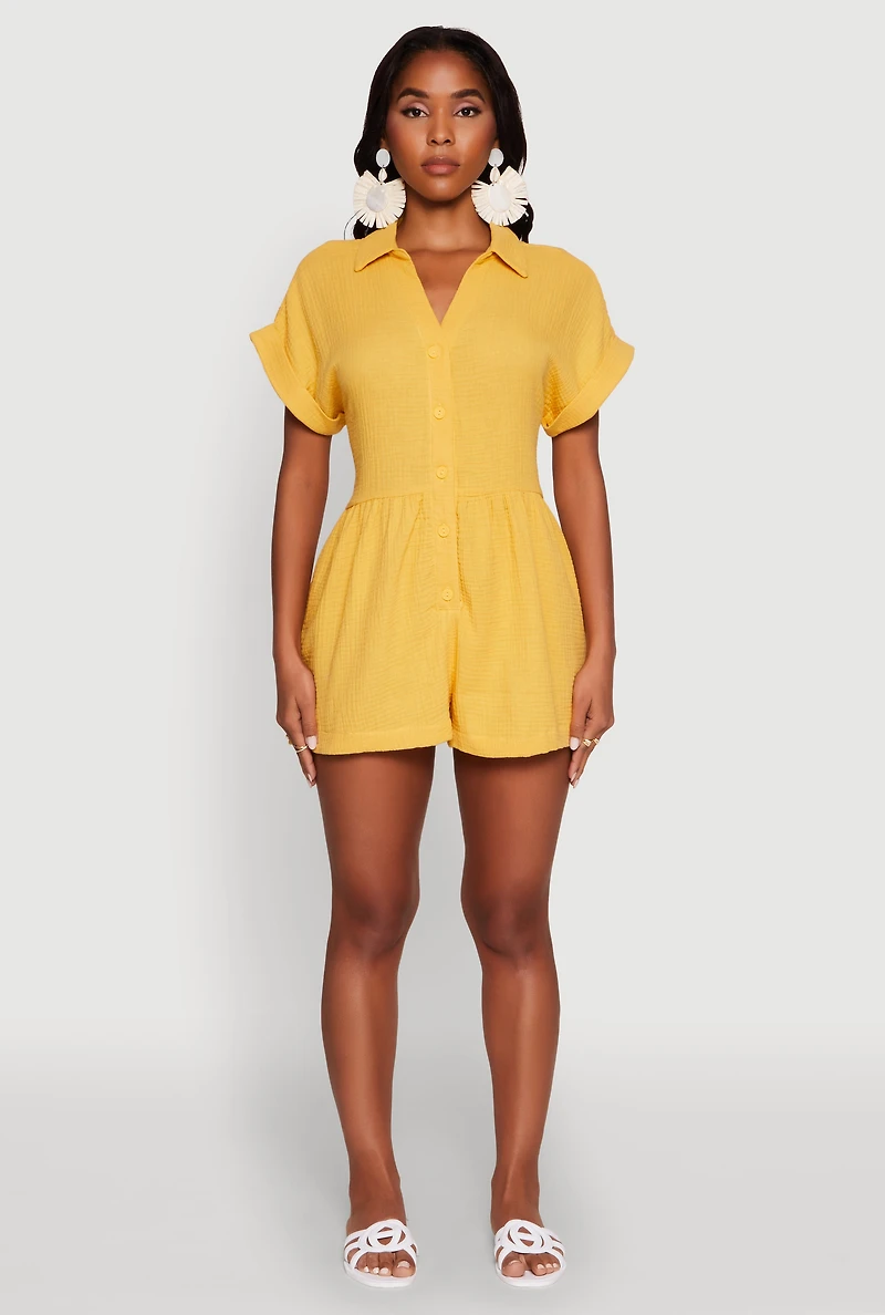 Chic Gauze Knit Button Front Romper with Cap Sleeves
