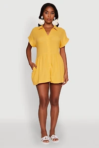 Womens Chic Gauze Knit Button Front Romper with Cap Sleeves, Yellow, Size L