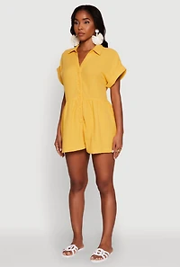Womens Chic Gauze Knit Button Front Romper with Cap Sleeves, Yellow, Size L