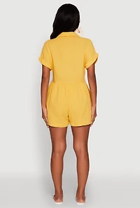 Womens Chic Gauze Knit Button Front Romper with Cap Sleeves, Yellow, Size L