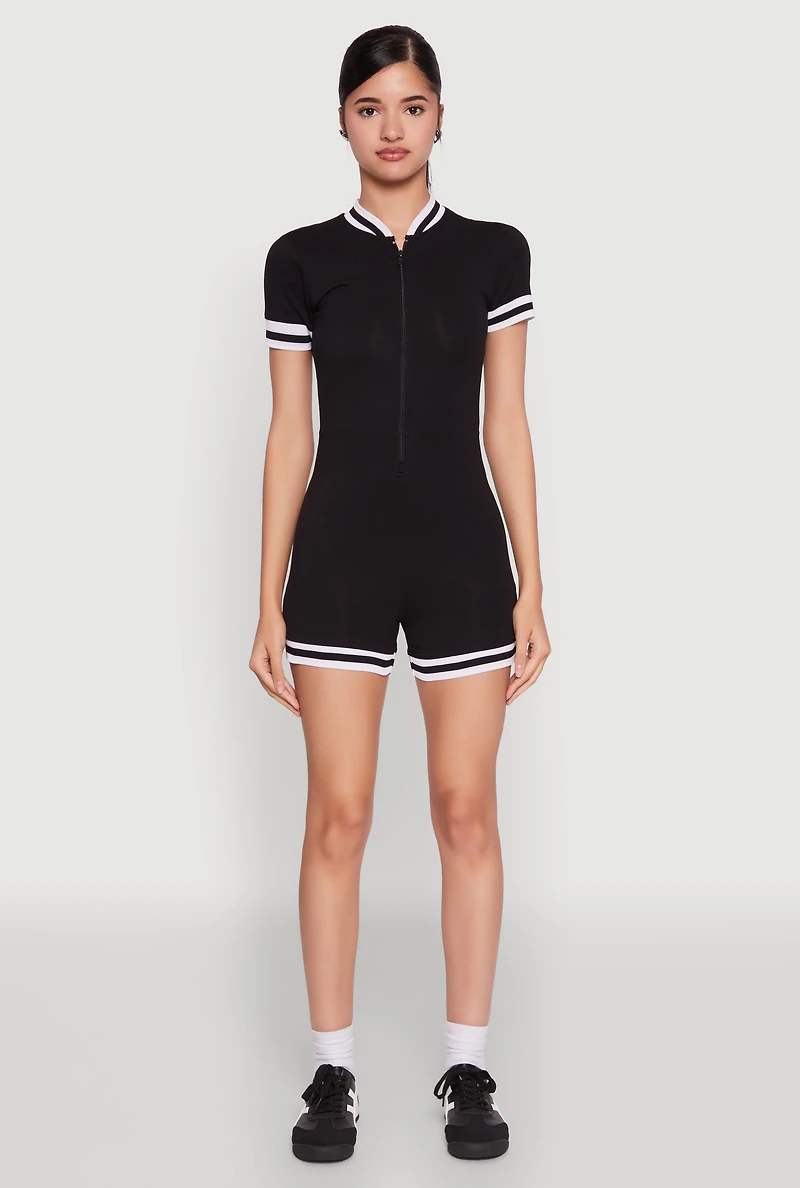 Womens Varsity Stripe Graphic Print Romper, Black,