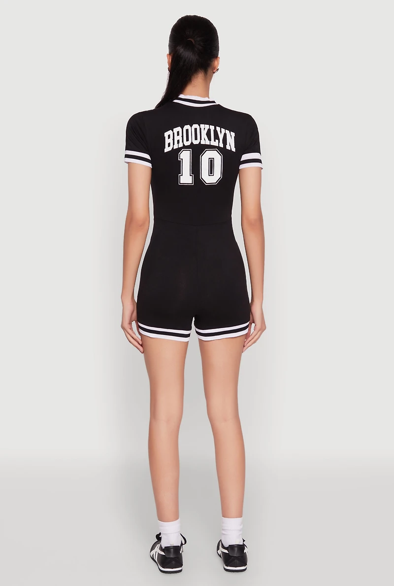 Womens Varsity Stripe Graphic Print Romper, Black,