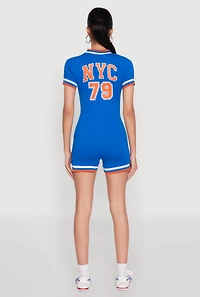 Womens Varsity Stripe Graphic Print Romper, Blue, Size S