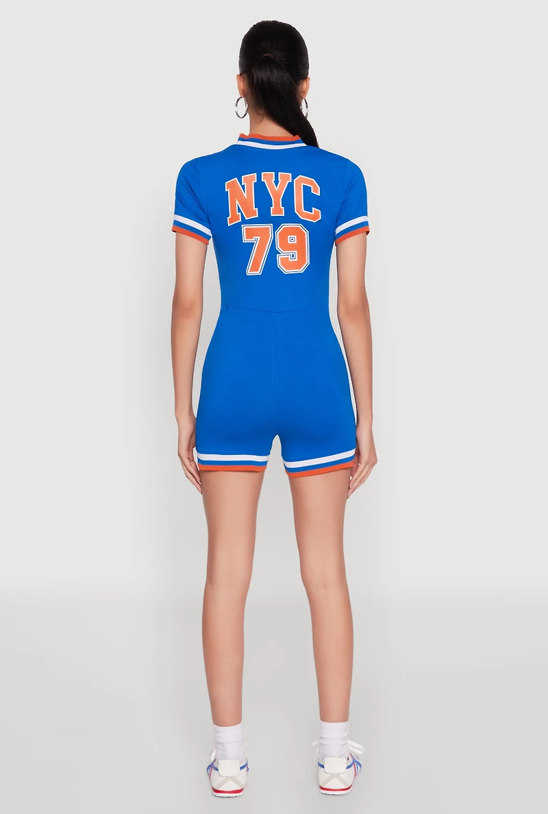 Womens Varsity Stripe Graphic Print Romper, Blue, Size L