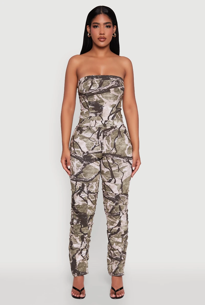 Womens Forest Camo Tube Jumpsuit with Stacked Slim Leg Fit, Multi, Size L