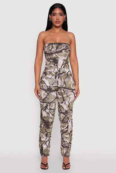 Womens Forest Camo Tube Jumpsuit with Stacked Slim Leg Fit, Multi, Size L