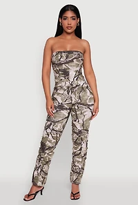 Womens Forest Camo Tube Jumpsuit with Stacked Slim Leg Fit, Multi, Size L