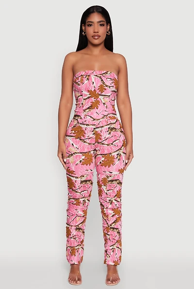 Womens Forest Camo Tube Jumpsuit with Stacked Slim Leg Fit, Pink, Size M