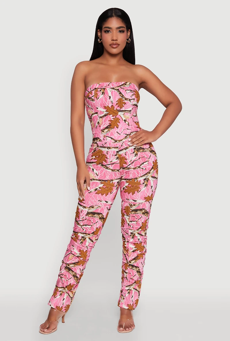 Womens Forest Camo Tube Jumpsuit with Stacked Slim Leg Fit, Pink, Size M