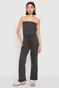 Womens Mineral Wash Cargo Pocket Tube Jumpsuit, Grey, Size S