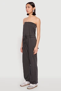Womens Mineral Wash Cargo Pocket Tube Jumpsuit, Grey, Size S