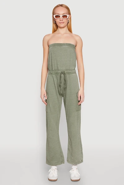 Womens Mineral Wash Cargo Pocket Tube Jumpsuit, Green, Size M
