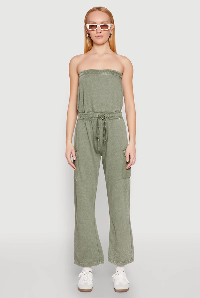 Womens Mineral Wash Cargo Pocket Tube Jumpsuit, L