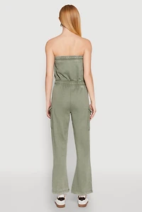 Womens Mineral Wash Cargo Pocket Tube Jumpsuit, Green, Size L