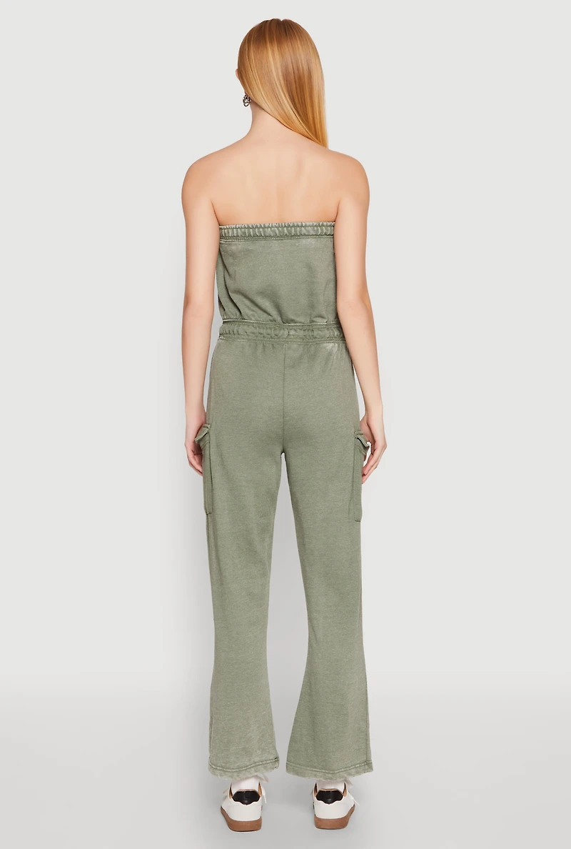 Womens Mineral Wash Cargo Pocket Tube Jumpsuit, L