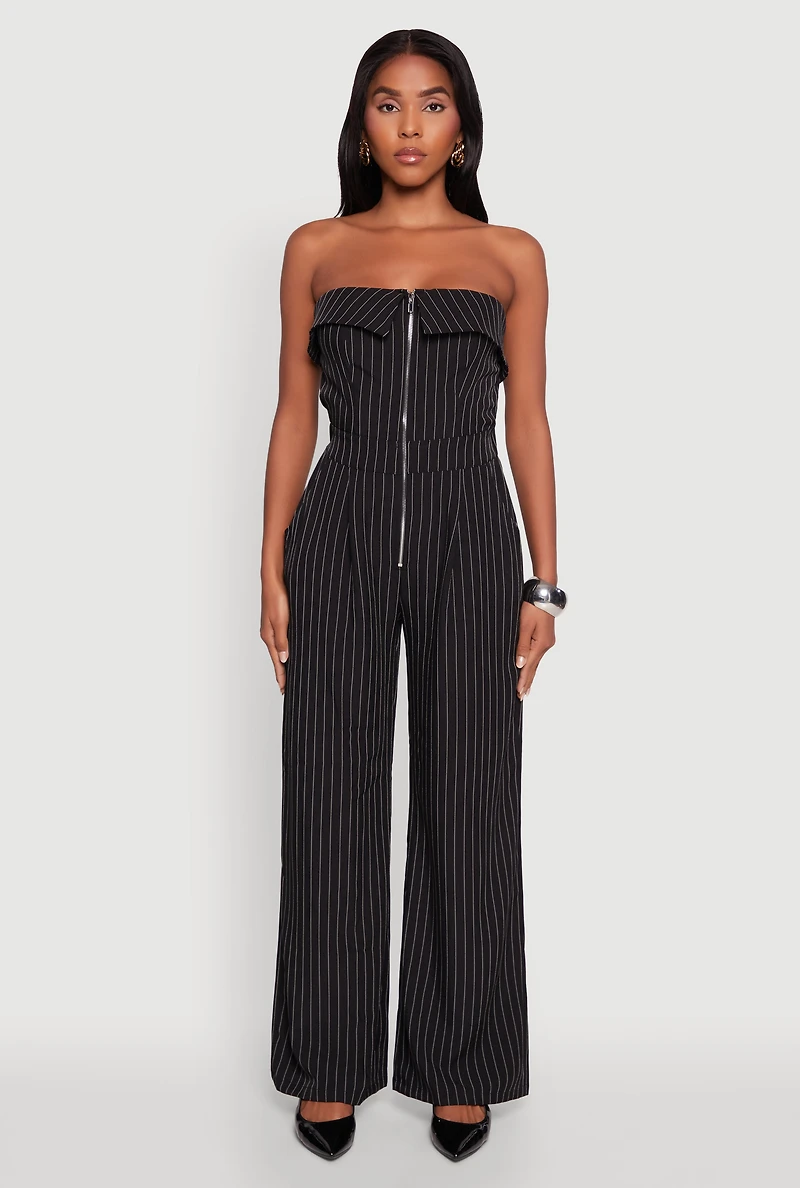Womens Pinstripe Fold Over Strapless Jumpsuit, Black, Size M