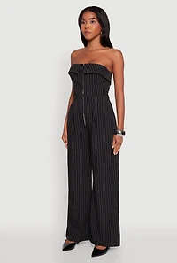 Womens Pinstripe Fold Over Strapless Jumpsuit, Black, Size M