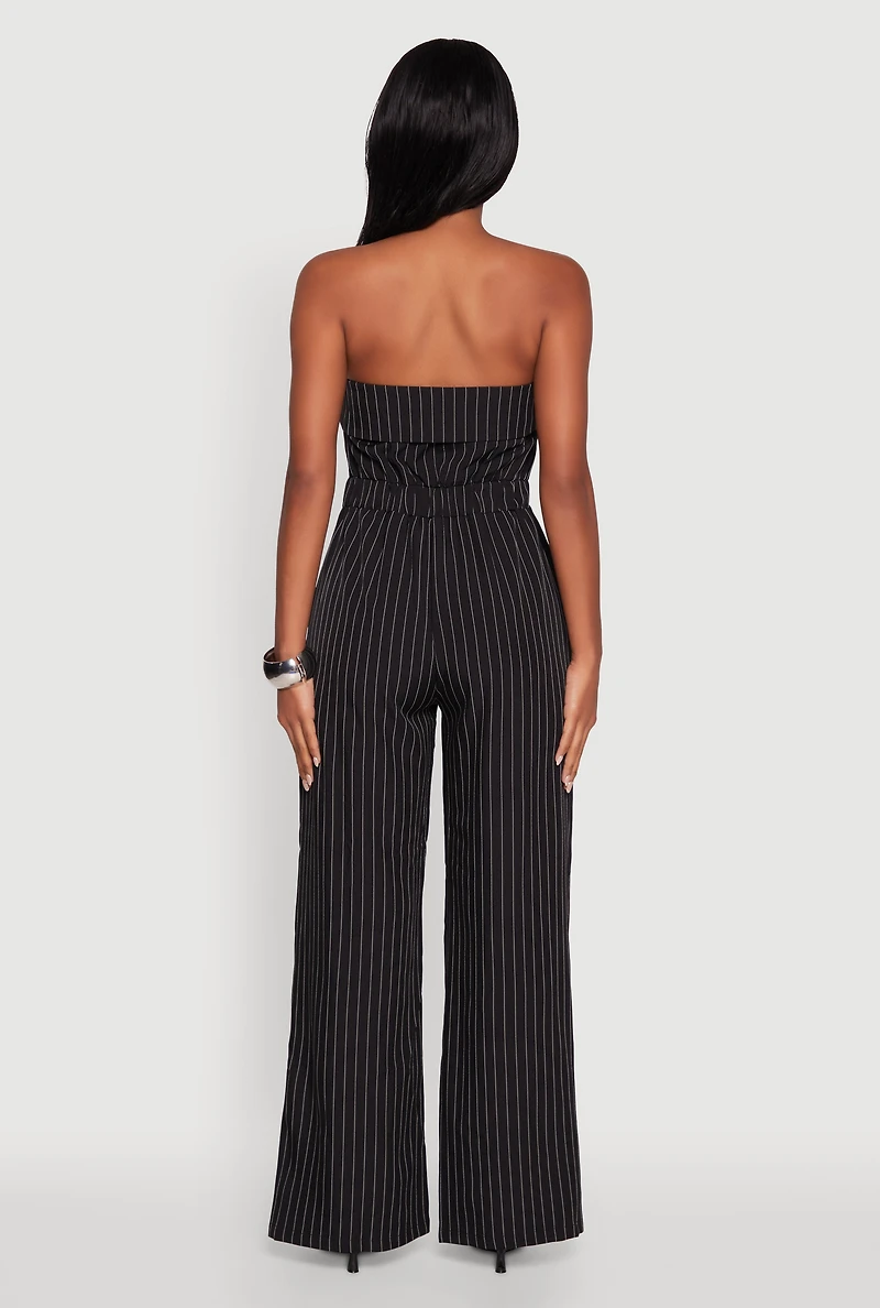 Womens Pinstripe Fold Over Strapless Jumpsuit, Black, Size M