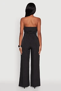 Womens Pinstripe Fold Over Strapless Jumpsuit, Black, Size M