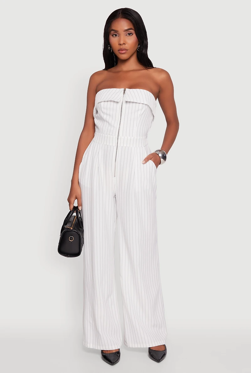 Womens Pinstripe Fold Over Strapless Jumpsuit, White, Size L