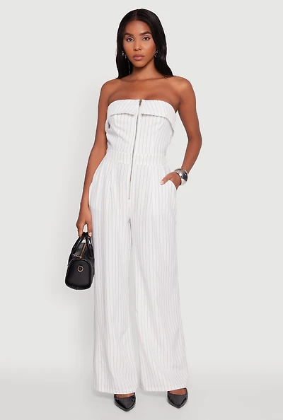 Womens Pinstripe Fold Over Strapless Jumpsuit, White, Size L