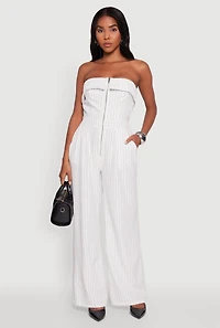Womens Pinstripe Fold Over Strapless Jumpsuit, White, Size L