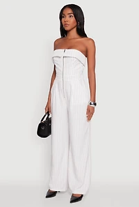 Womens Pinstripe Fold Over Strapless Jumpsuit, White, Size L
