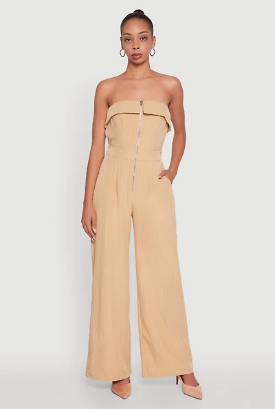 Womens Pinstripe Fold Over Strapless Jumpsuit, Beige, Size S