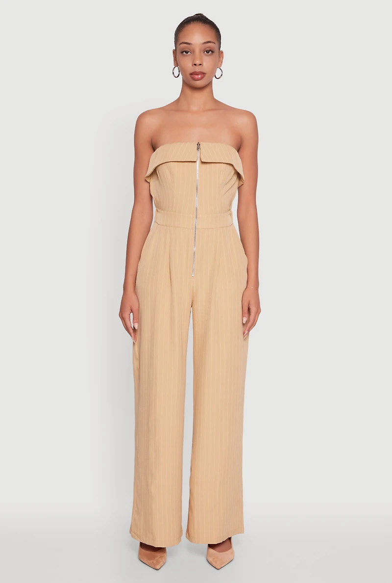 Womens Pinstripe Fold Over Strapless Jumpsuit, Beige,