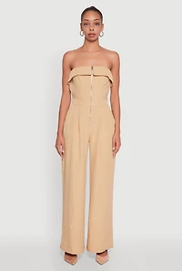 Womens Pinstripe Fold Over Strapless Jumpsuit, Beige,