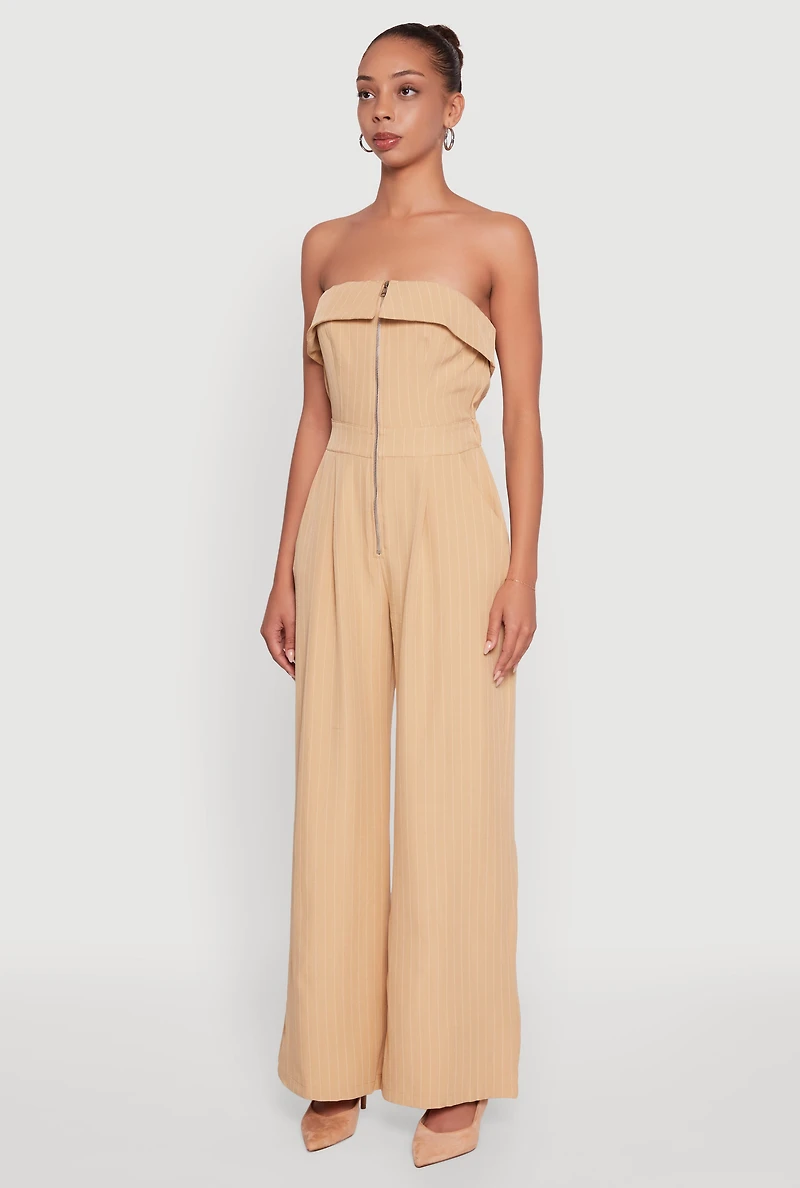 Womens Pinstripe Fold Over Strapless Jumpsuit, Beige,