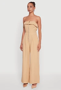 Womens Pinstripe Fold Over Strapless Jumpsuit, Beige,