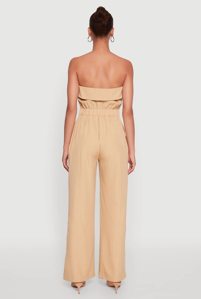 Womens Pinstripe Fold Over Strapless Jumpsuit, Beige,
