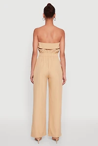 Womens Pinstripe Fold Over Strapless Jumpsuit, Beige,